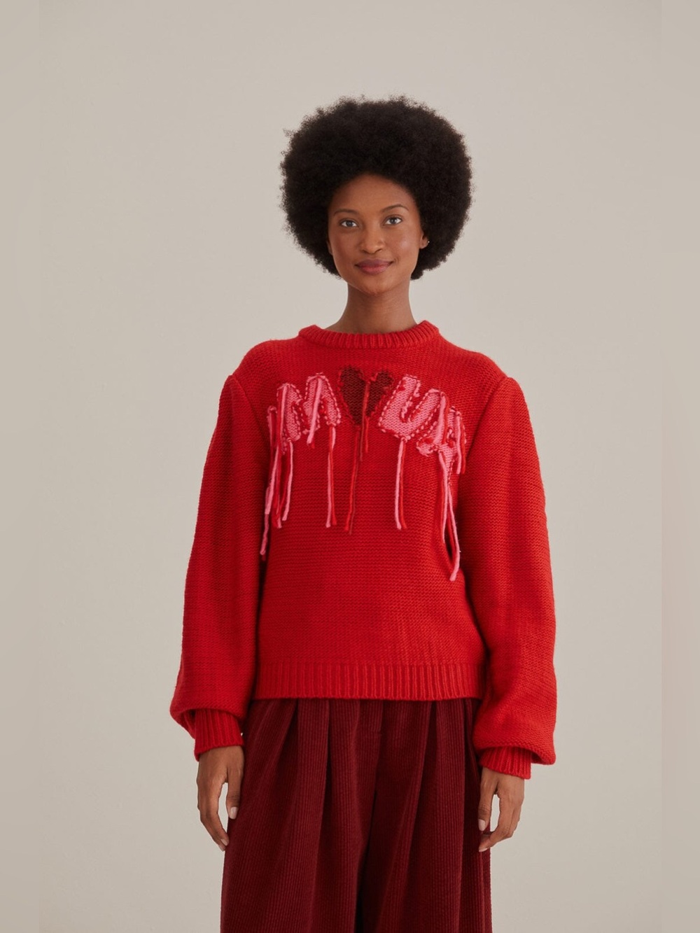 FARM Rio Red Amour Heart Embroidered Knit Sweater NWT Oversized